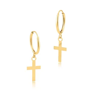 14E00227. - 14 Karat Yellow Gold Dangling Cross Huggie Earring