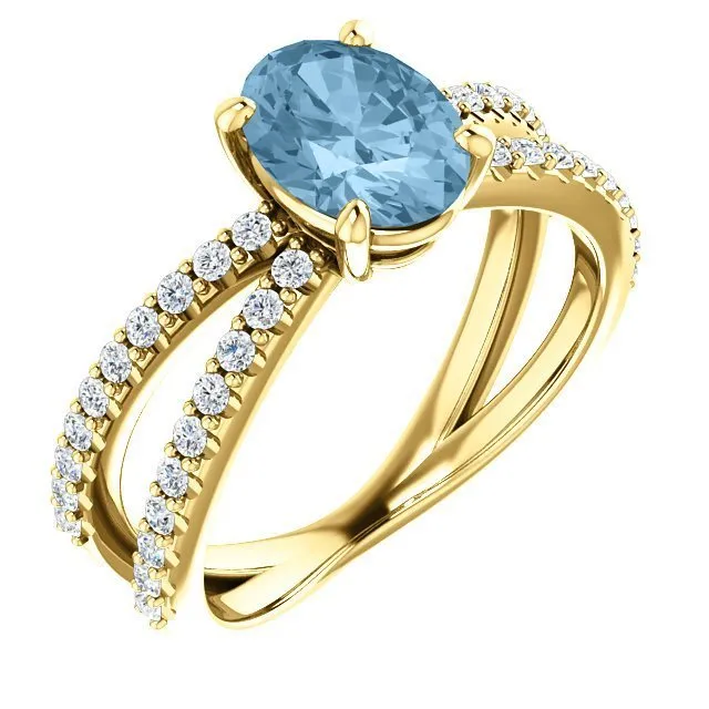 14KT GOLD 1.60 CT SKY BLUE TOPAZ & 1/3 CTW DIAMOND CRISS-CROSS RING