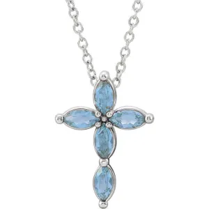 14KT GOLD .35 CTW MARQUISE AQUAMARINE PETITE CROSS NECKLACE