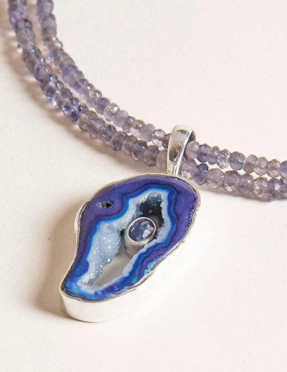 Agate Geode on Iolite Beaded Necklace - One of a Kind