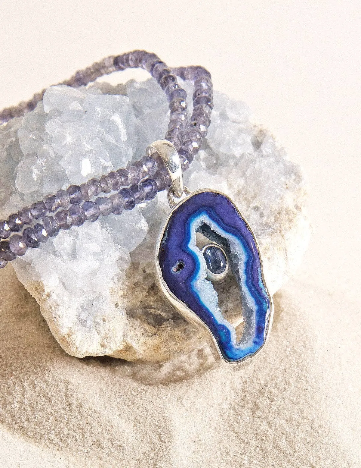 Agate Geode on Iolite Beaded Necklace - One of a Kind