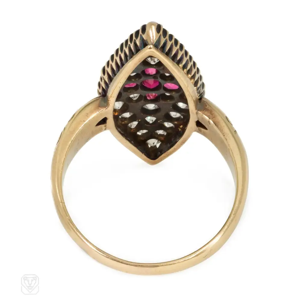 Antique ruby and diamond navette shaped ring