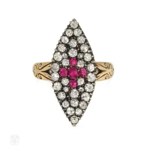 Antique ruby and diamond navette shaped ring