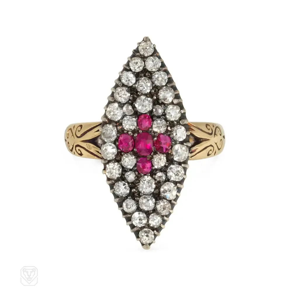 Antique ruby and diamond navette shaped ring