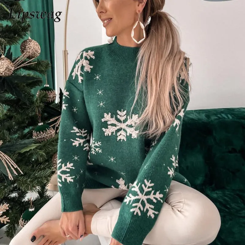 Autumn Casual Snowflake Print Christmas Sweater Women Fashion O-Neck Knitted Top Pullover