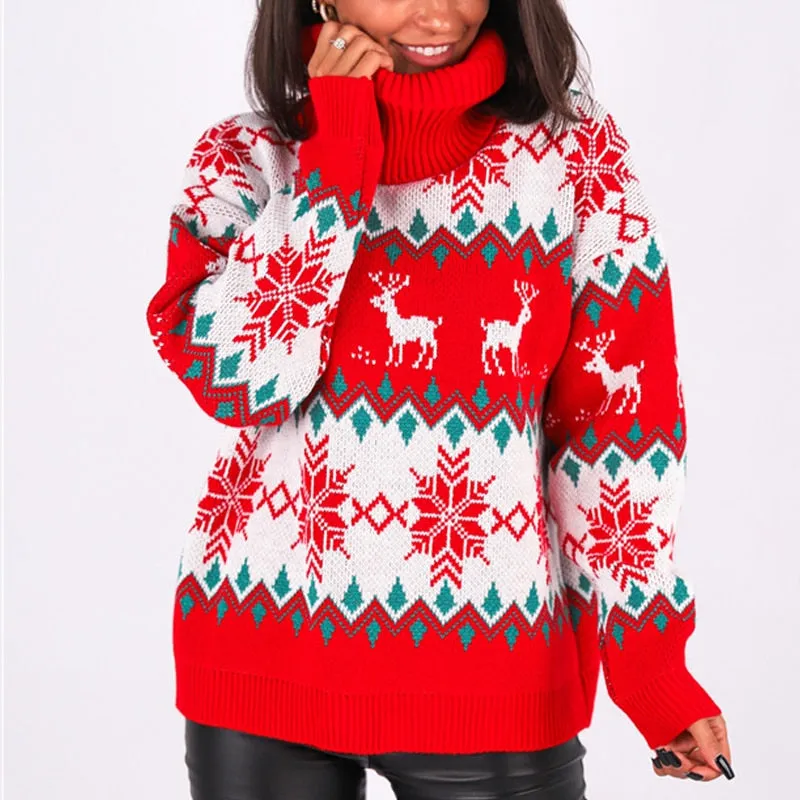 Autumn Casual Snowflake Print Christmas Sweater Women Fashion O-Neck Knitted Top Pullover