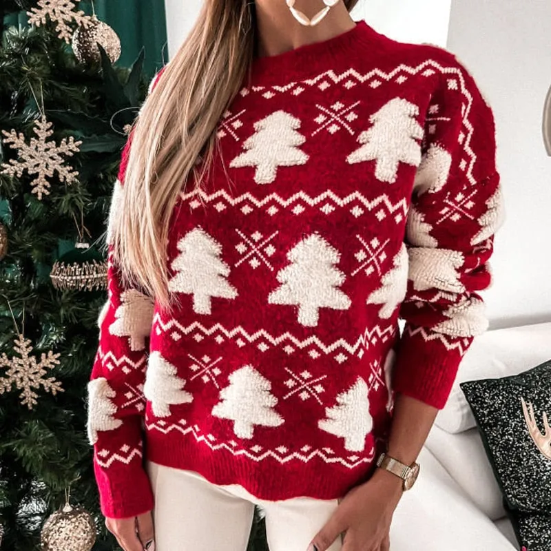 Autumn Casual Snowflake Print Christmas Sweater Women Fashion O-Neck Knitted Top Pullover