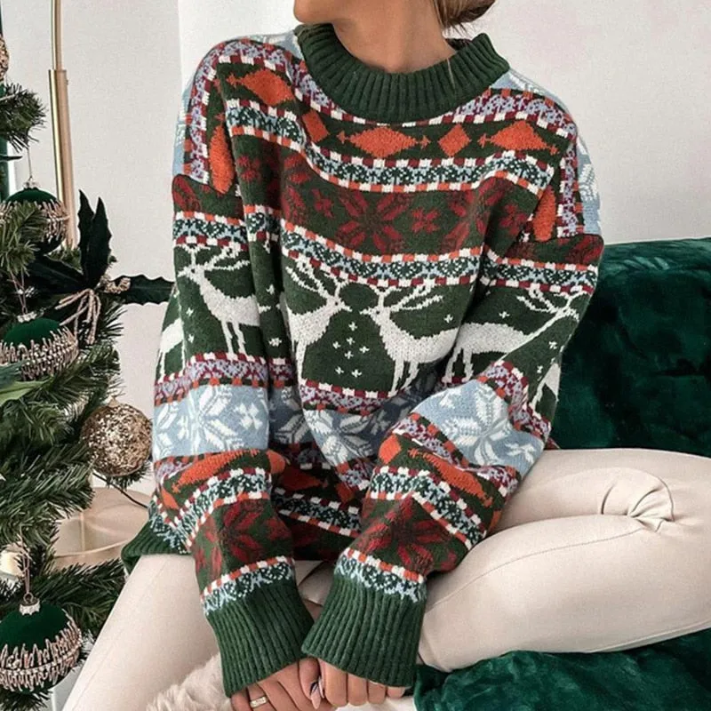 Autumn Casual Snowflake Print Christmas Sweater Women Fashion O-Neck Knitted Top Pullover