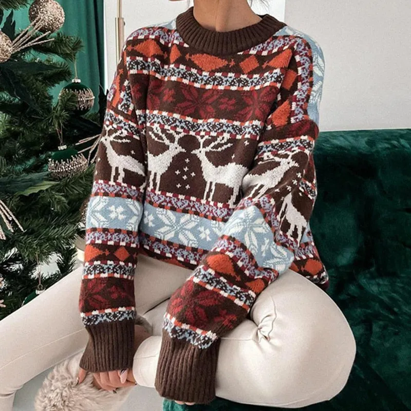 Autumn Casual Snowflake Print Christmas Sweater Women Fashion O-Neck Knitted Top Pullover