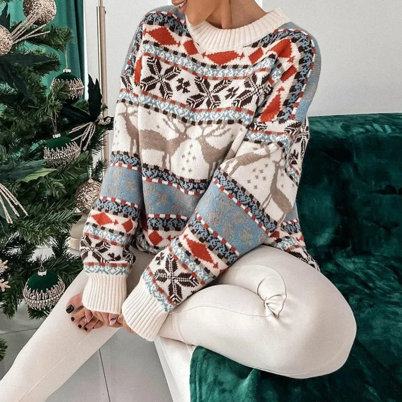 Autumn Casual Snowflake Print Christmas Sweater Women Fashion O-Neck Knitted Top Pullover