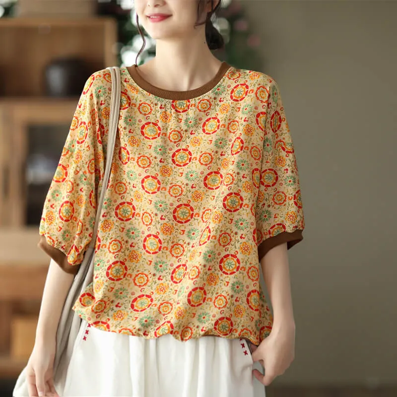 Babakud Women Retro Tencel Linen Printed Top