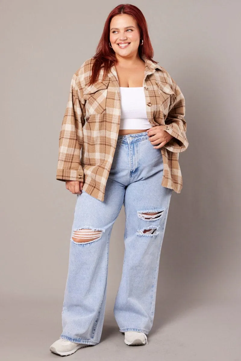 Beige Check Relaxed Shirt Long Sleeve