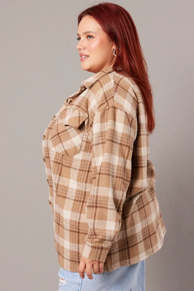 Beige Check Relaxed Shirt Long Sleeve