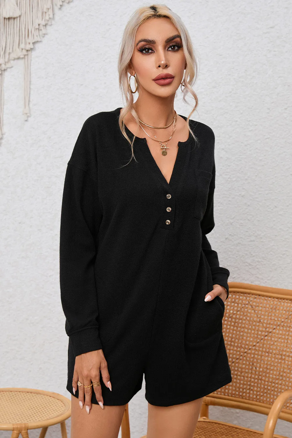 Black Brushed Ribbed Button Split V Neck Long Sleeve Romper