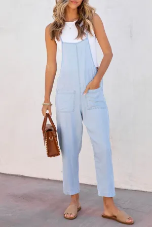 Chambray Pocketed Adjustable Straps Jumpsuit