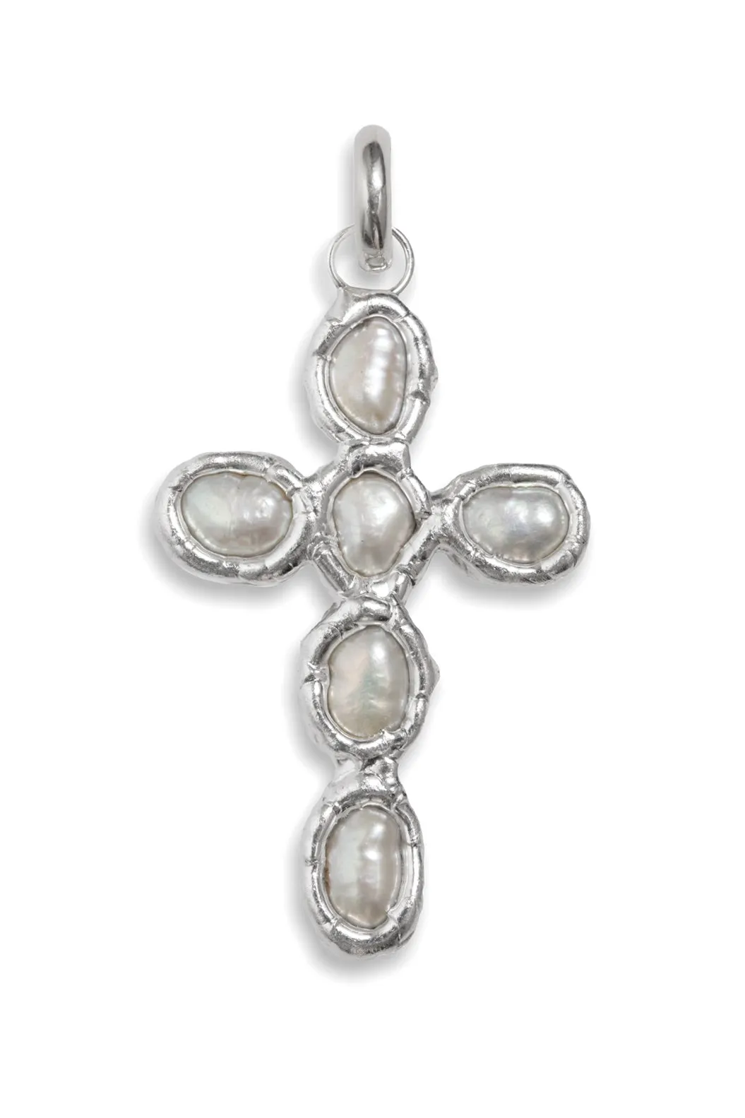 Grande Pearl Cross Charm in Silver