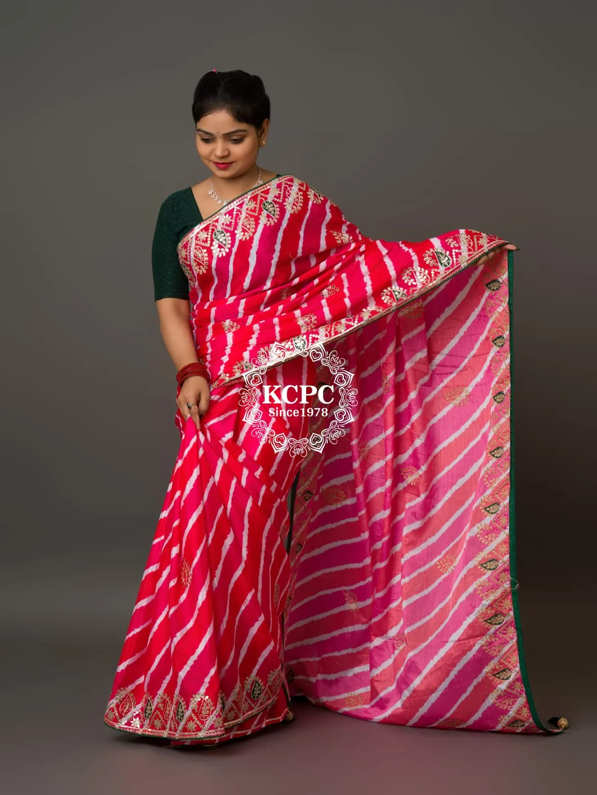 Latest Jaipuri Traditional Chinon Fabric leheriya saree with Gota Patti work , KCPC , SWA