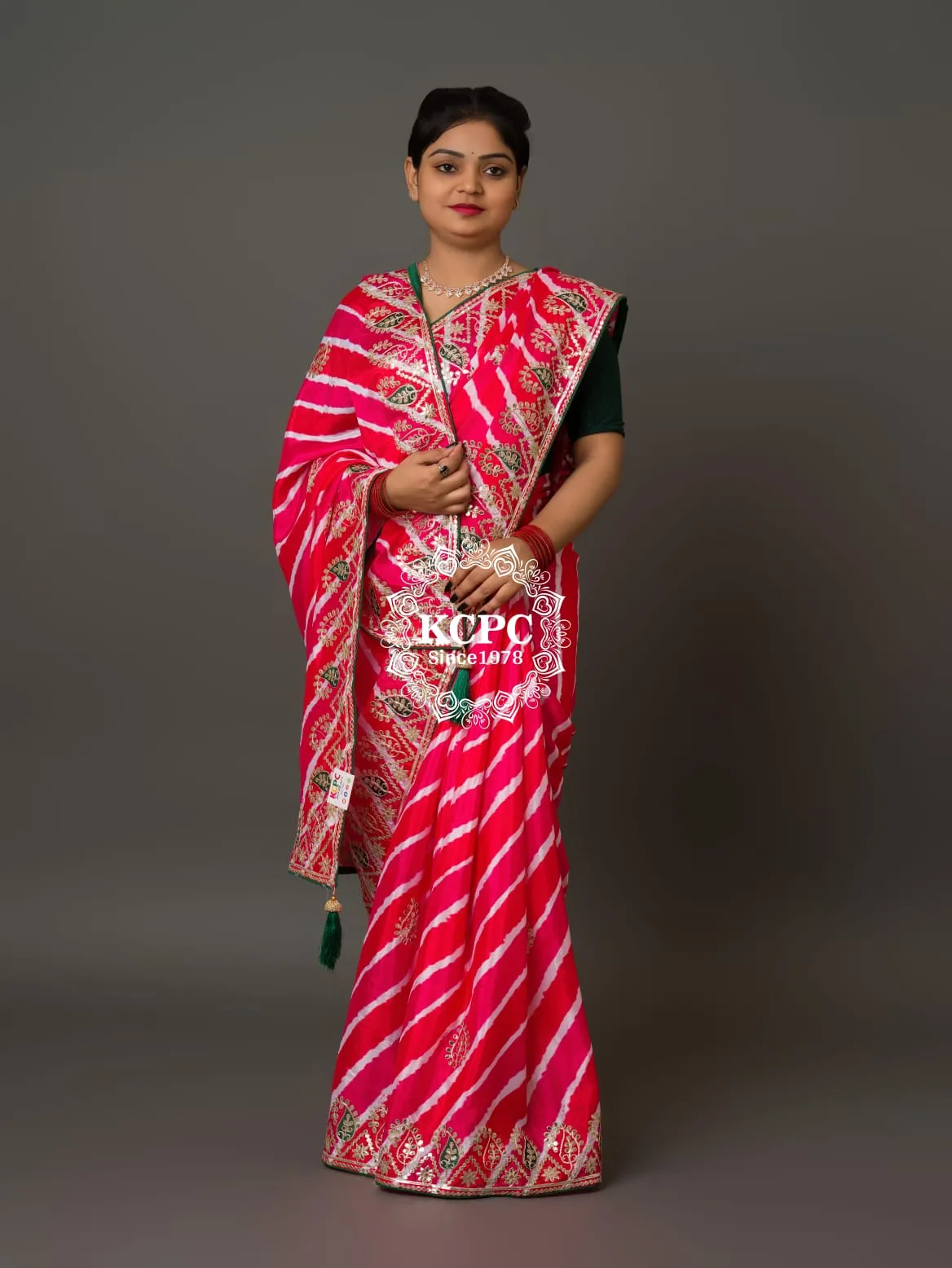 Latest Jaipuri Traditional Chinon Fabric leheriya saree with Gota Patti work , KCPC , SWA