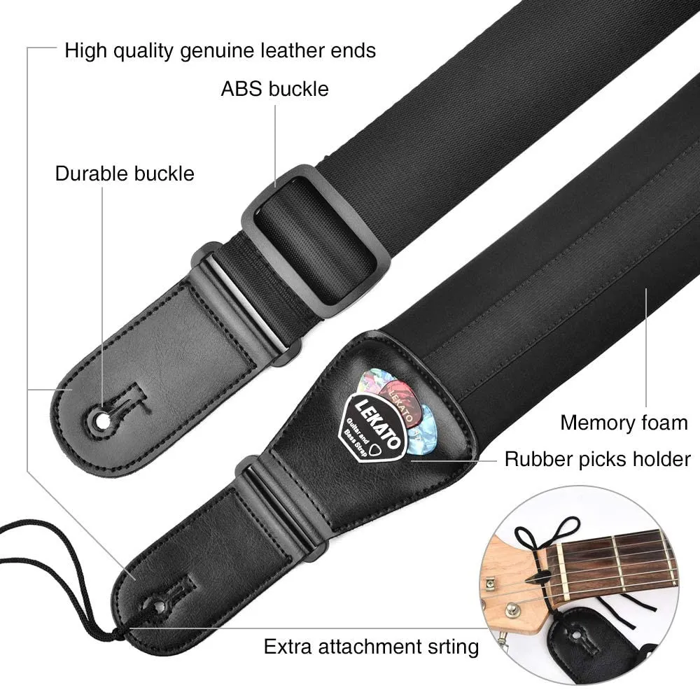 LEKATO LGS-2 Adjustable Memory Foam 3 inch Guitar Strap Set