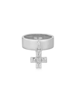 Molten Cross Charm Ring- Silver