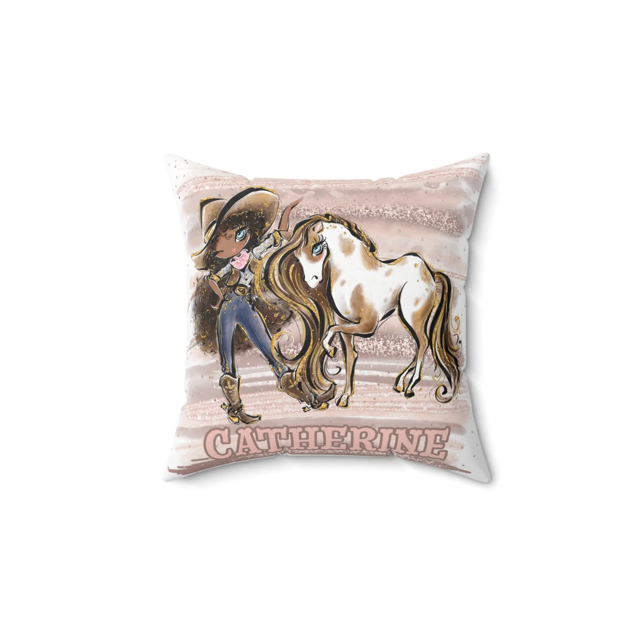 Personalised Cowgirl and Horse Cushion,  Brown Curly Hair, Olive Skin, Blue Eyes, Polyester Square Cushion, Christmas cushion