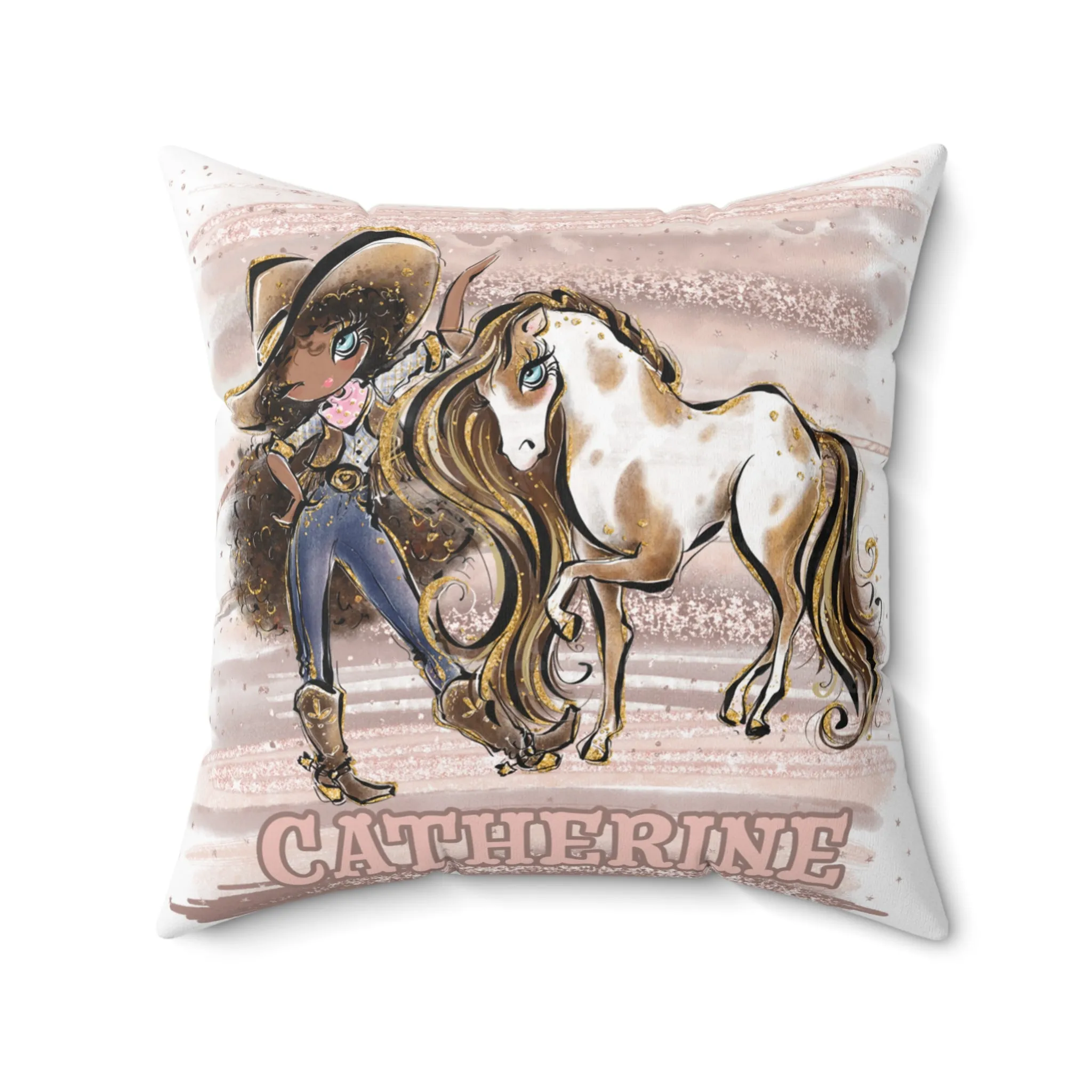 Personalised Cowgirl and Horse Cushion,  Brown Curly Hair, Olive Skin, Blue Eyes, Polyester Square Cushion, Christmas cushion