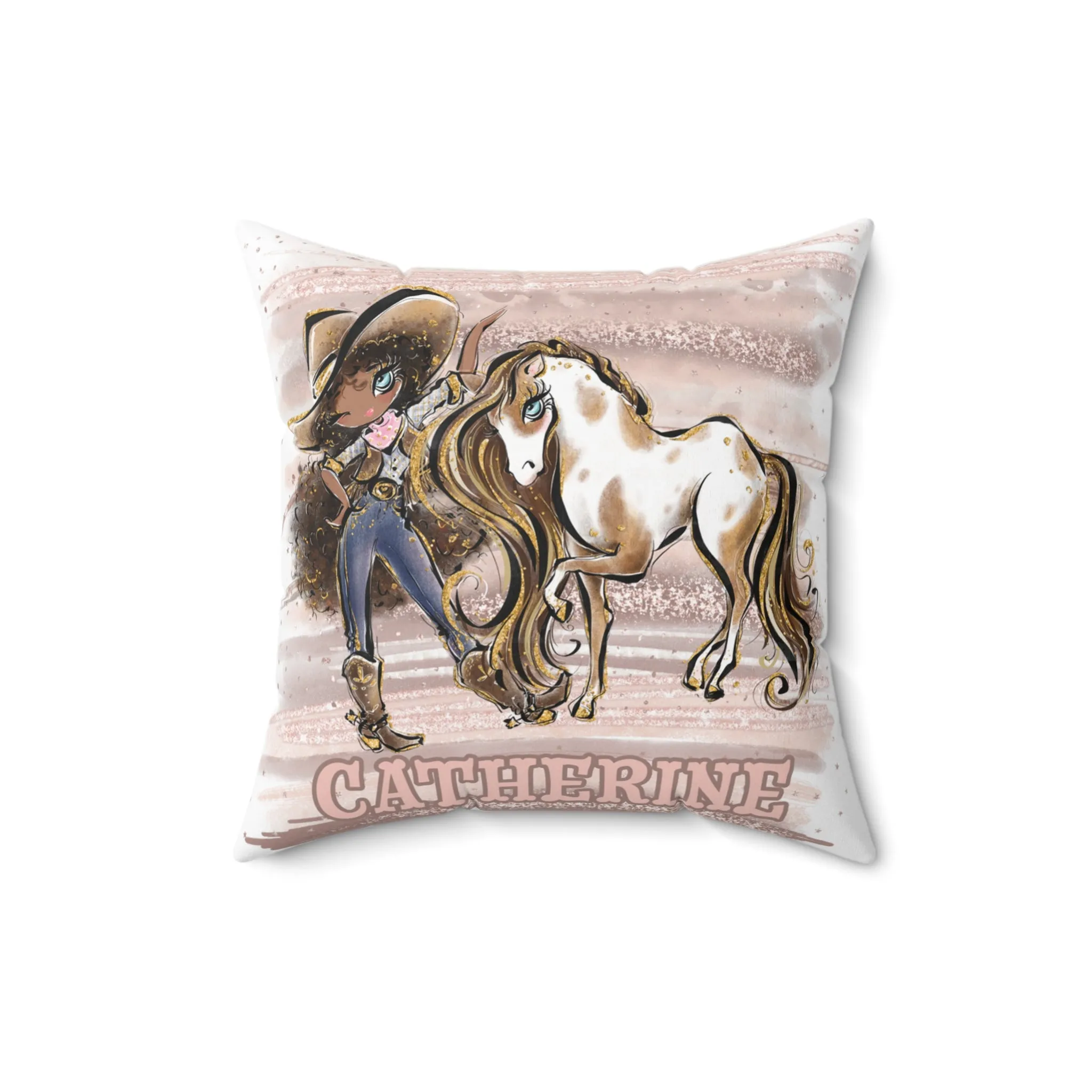 Personalised Cowgirl and Horse Cushion,  Brown Curly Hair, Olive Skin, Blue Eyes, Polyester Square Cushion, Christmas cushion