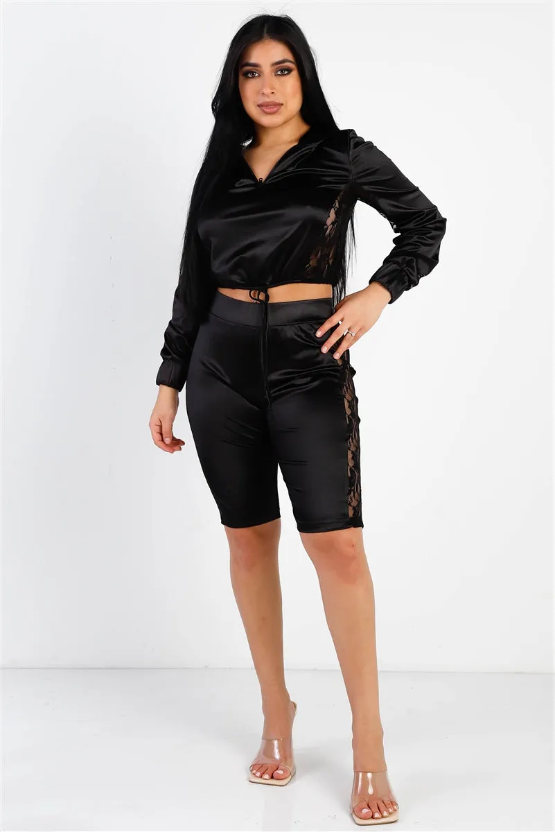 Satin Lace Details Long Sleeve Hooded Crop Top & Biker Short Set