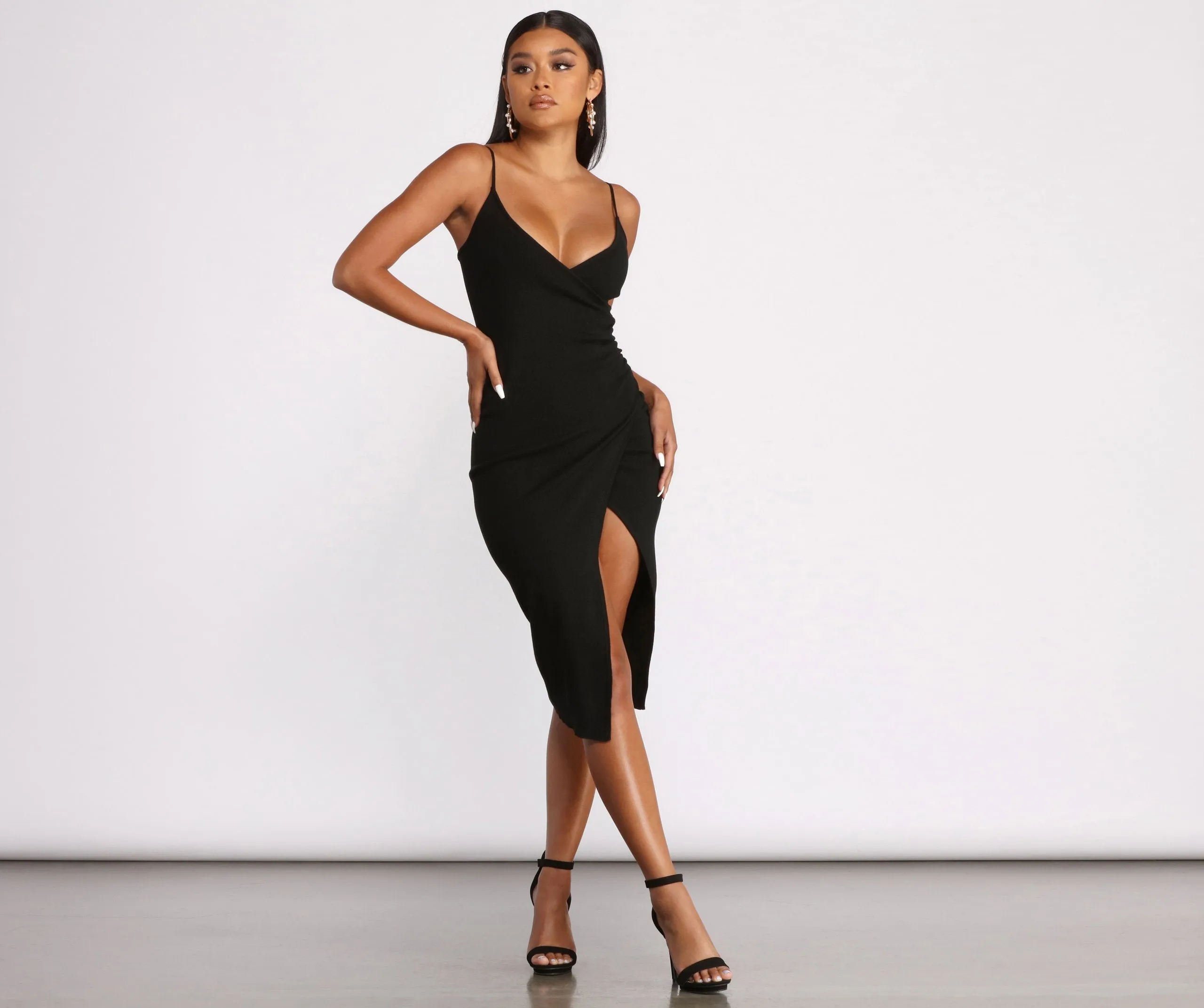 Sleeveless V Neck Asymmetrical Wrap Ribbed Midi Dress