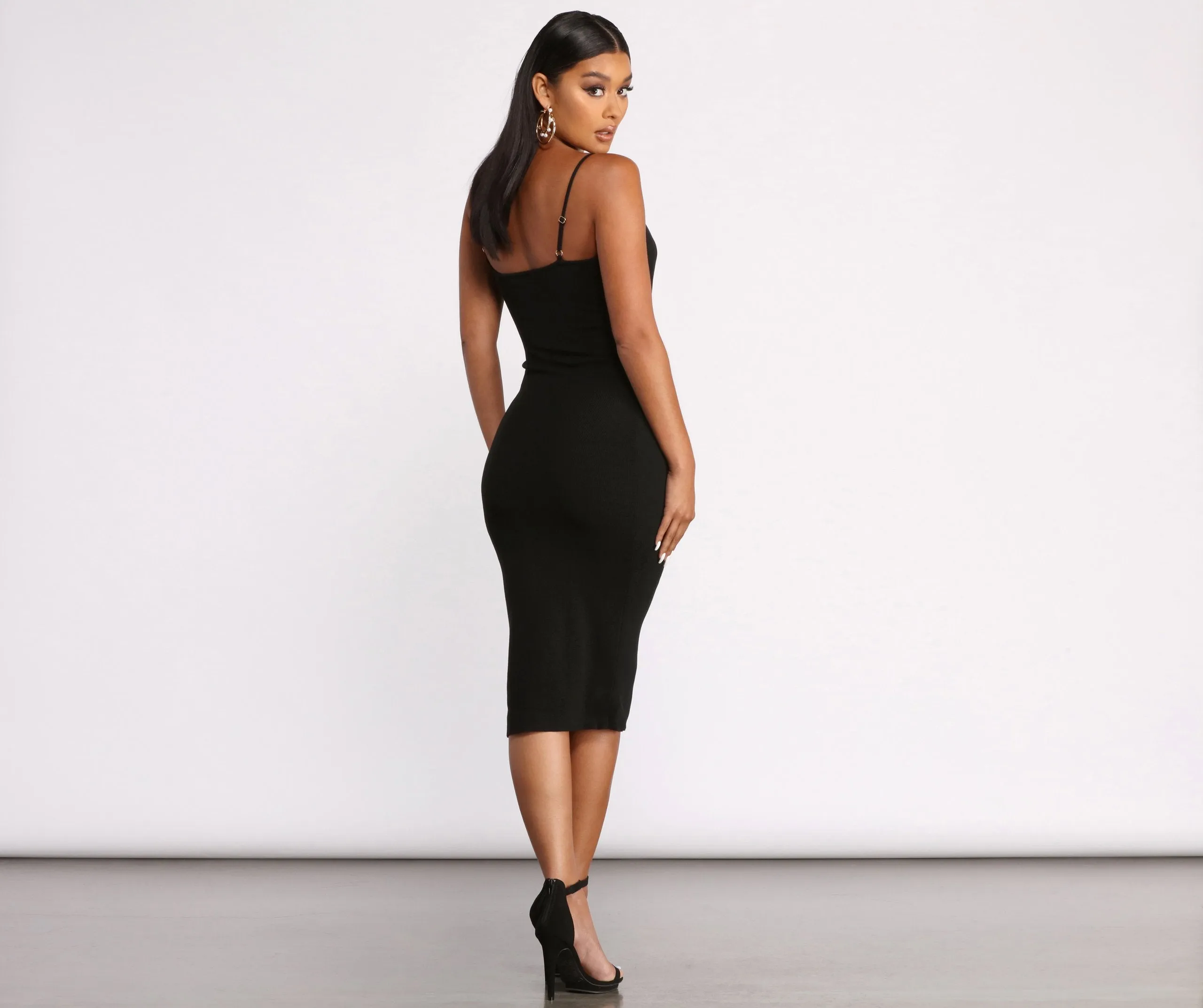 Sleeveless V Neck Asymmetrical Wrap Ribbed Midi Dress