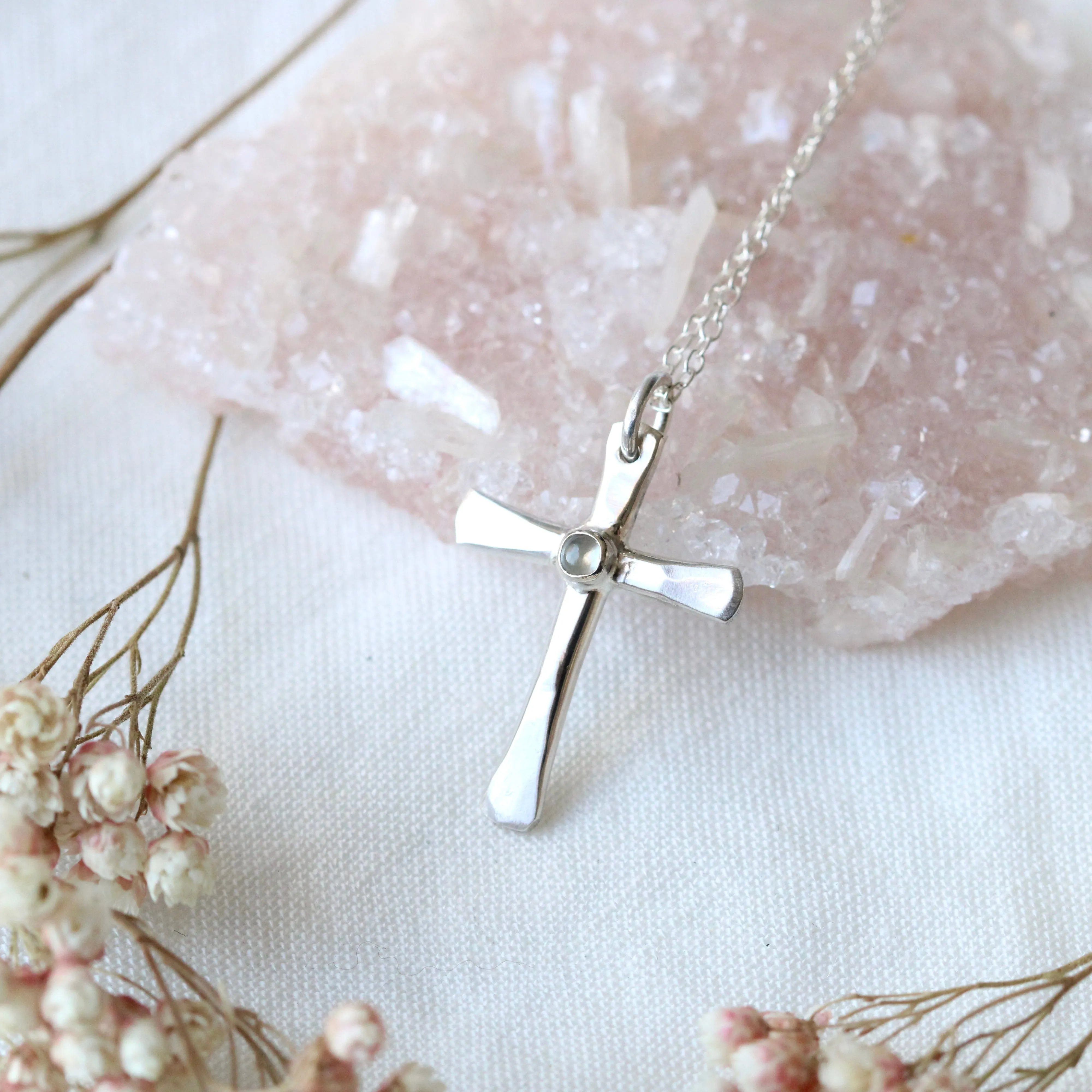 Sterling silver birthstone cross necklace