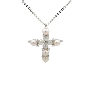 Sterling Silver Freshwater Pearl White Decorative Cross Necklace