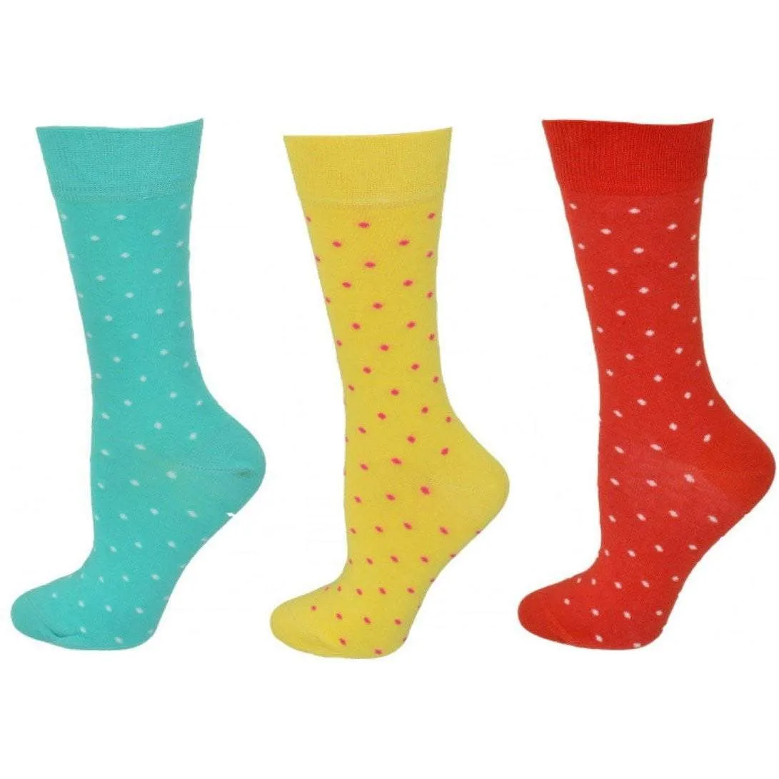 Women's Combed Cotton Socks, Colorful Pin Dot Crew Casual Women's 3 Pair Pack Socks