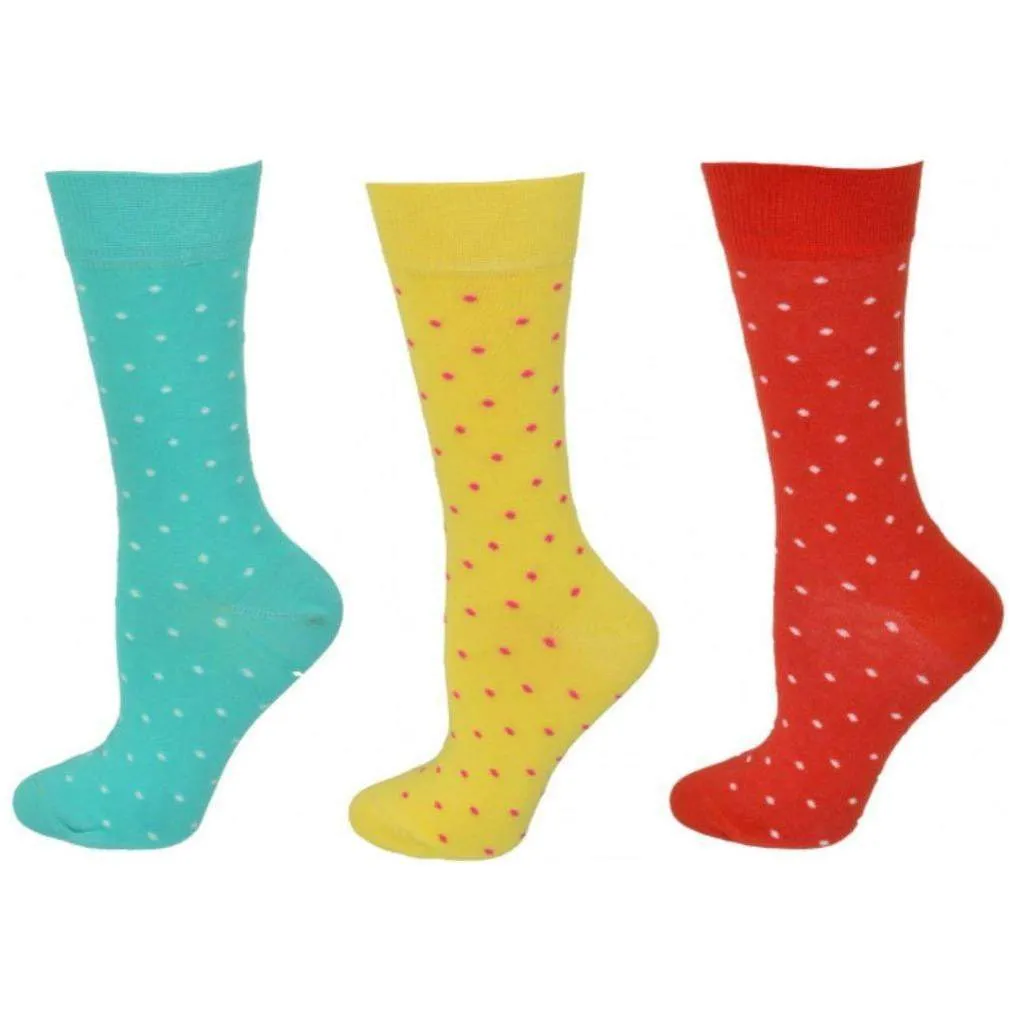 Women's Combed Cotton Socks, Colorful Pin Dot Crew Casual Women's 3 Pair Pack Socks